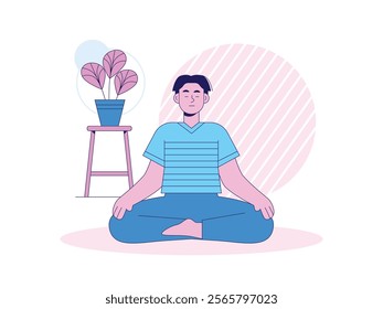 Man closing his eyes while doing yoga mediation indoors. Peaceful. Character design. Vector flat illustration