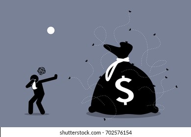 Man closing his nose and rejecting dirty and stinking money that is surrounded by flies. Artwork illustrations depict no to corruption, illegal business, and money laundering.