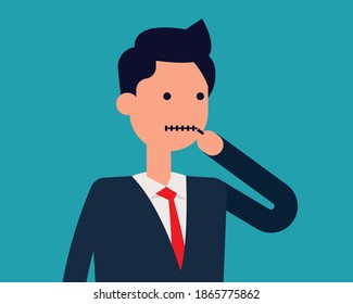 A man closing mouth with zipper. Business cartoon vector concept
