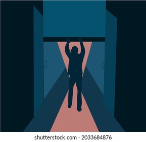 Man Closing Or Open Metal Roller Shutter Door. Factory Roller Door Entrance, Floor Building Store Shop Interior. Security And Save Time Concept. Vector Illustration.