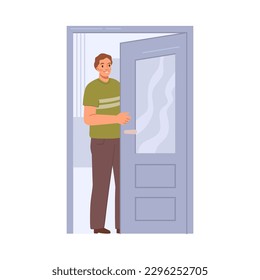 Man closing or opening door with window. Isolated male character standing in doorways, exiting or entering into room. Vector person at home in doorway in flat cartoon illustration