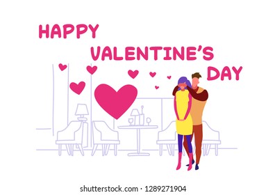 man closing womans eyes playing guess who game happy valentines day couple in love over heart shapes modern cafe interior sketch doodle greeting card horizontal