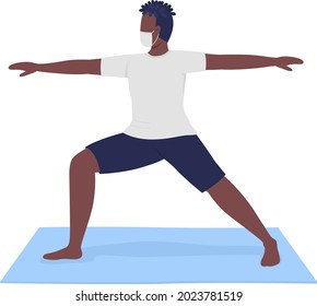 Man in cloth mask performing warrior pose semi flat color vector character. Full body person on white. Yoga beginner isolated modern cartoon style illustration for graphic design and animation