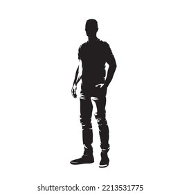 Man clothed in shirt and jeans standing , side view. Isolated vector silhouette