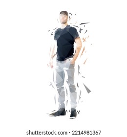 Man clothed in shirt and jeans standing, front view. Isolated low polygonal vector illustration from triangles