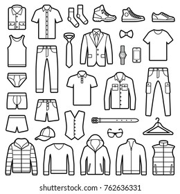 Man clothes and accessories collection - fashion wardrobe - vector icon outline illustration