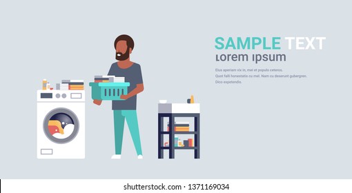 Man With Clothes Basket Standing Near Washing Machine African American Guy Doing Housework Laundry Room Male Cartoon Character Full Length Flat Horizontal Copy Space