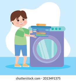 man with clothes bucket and washing machine