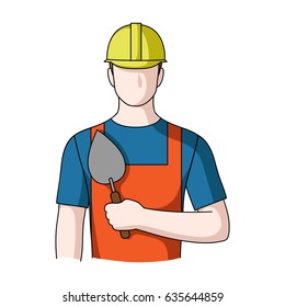 A man in the clothes of a builder. A builder with a trowel in his hand. A man in a construction team.Professions single icon in cartoon style vector symbol stock illustration web.