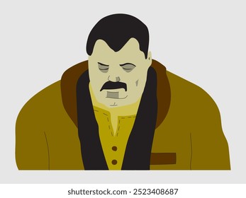 A man in clothes with eyes (sight) down. Thinking or sleeping. Got black hairs and moustache. Black scarf. Isolated on grey backdrop (background). Vector illustration.