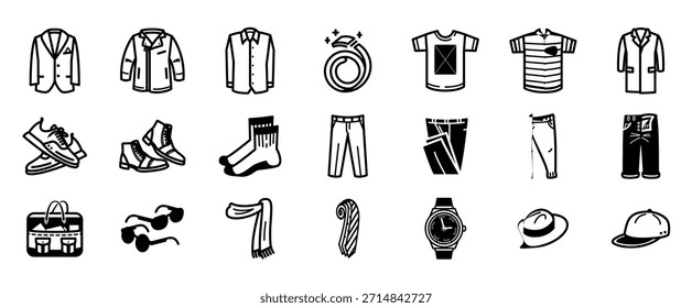 Conjunto de iconos de ropa de hombre. Accesorios y ropa. Conjunto de iconos de ropa de hombre. Serie Acme, Iconos de silueta de desgaste formal para hombre, Ilustración vectorial.