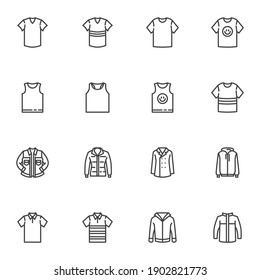 Man clothes line icons set, outline vector symbol collection, linear style pictogram pack. Signs, logo illustration. Set includes icons as t-shirt, denim jacket, coat, sweatshirt hoodie, sweater