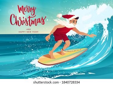 Man in clothes of Santa Claus surfing on the wave in tropical ocean. Merry Christmas hand lettering. Vacation, resort, greeting cards. Summer activities cartoon vector illustration.