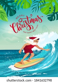 Man in clothes of Santa Claus surfing on the wave in tropical ocean. Merry Christmas hand lettering. Vacation, resort, greeting cards. Summer activities cartoon vector illustration.