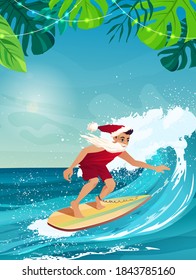 Man in clothes of Santa Claus surfing on the wave in tropical ocean. Place for text. Vacation, resort, greeting cards. Summer activities cartoon vector illustration.