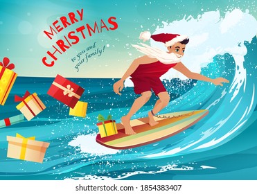 Man in clothes of Santa Claus surfing on the wave in tropical ocean. Gift boxes are flying away. Vacation, resort, greeting cards. Summer activities cartoon vector illustration.