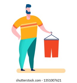 Man in Clothes Shop, Mall Vector Illustration. Guy Choosing Shorts Size. Customer Buying Swimwear. Red Trousers on Hanger. Seller Offers Jeans. Sales Assistant, Employer Working in Store