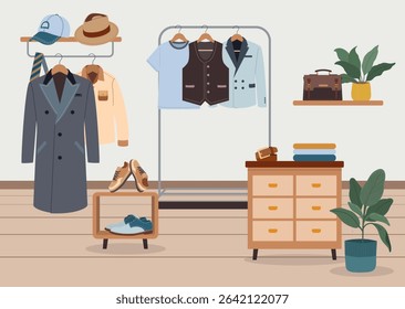 Man clothes shop, stylish garments and accessories. Includes coats, shirts, vests, hats, shoes, and drawers. Boutique or shopping store setting. Light indoor background.