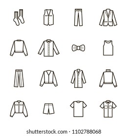 Man Clothes Signs Black Thin Line Icon Set Include of Shirt, Jacket, Suit, Sweater and Underwear. Vector illustration
