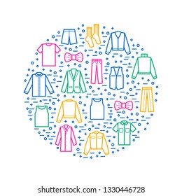 Man Clothes Signs Thin Line Round Design Template Include of Shirt, Jacket, Suit, Sweater and Underwear. Vector illustration