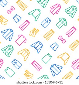 Man Clothes Signs Thin Line Seamless Pattern Background on a White Include of Shirt, Jacket, Suit, Sweater and Underwear. Vector illustration