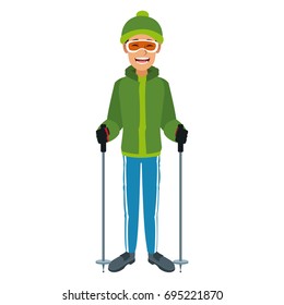 man with clothes snow hat and goggles sticks ski
