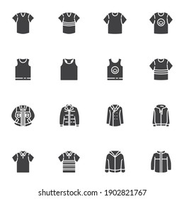 Man clothes vector icons set, modern solid symbol collection, filled style pictogram pack. Signs, logo illustration. Set includes icons as t-shirt, denim jacket, coat, sweatshirt hoodie, sweater