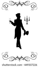 The man in clothes of XIX century goes and has control over an empty glass and the cylinder. On a background - a candelabrum.