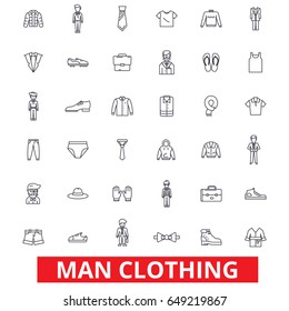 Man clothing, clothes, fashion, wear, shoes, tie, suit, shirt, style, dress code line icons. Editable strokes. Flat design vector illustration symbol concept. Linear signs isolated on white background