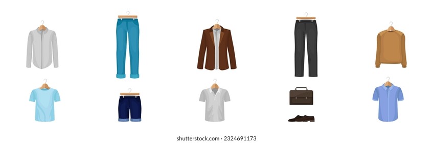 Man Clothing with Jeans, Jacket, Shirt and Trousers on Wooden Hanger Vector Set