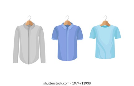 Man Clothing with Long Sleeved Shirt and Sweatshirt on Wooden Hanger Vector Set