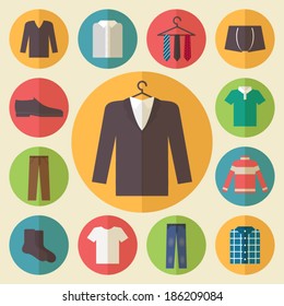 Man clothing set, clothes icons, shopping elements. Flat design vector