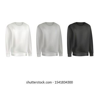 Man clothing set of sweatshirt and raglan sweater gray and black color. Fashion illustration of sports uniform t shirt. Blank vector template front views. Isolated on white background.