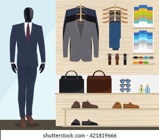 Man clothing store vector illustration. Mens clothes shop