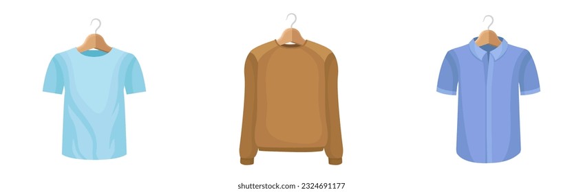 Man Clothing with Sweatshirt, Shirt and Sweater on Wooden Hanger Vector Set