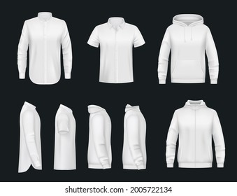 Man clothing, white shirt with long and short sleeves, hoodie realistic vector mockup. Hooded sweatshirt with zipper and pockets, classic cotton or linen shirt. Men casual wear, apparel mock-up