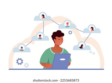 Man with cloud service. Modern technologies and digital world, communication and interaction on Internet. Data transfer, remote employees and teamwork, partnership. Cartoon flat vector illustration