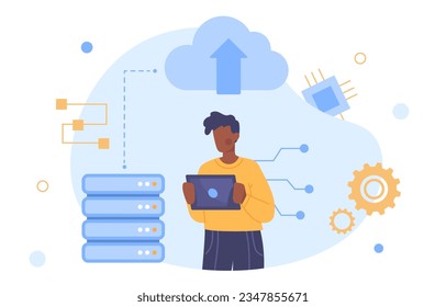 Man with cloud storage concept. Young guy with electronic tablet near electronic archive of information and data. Cloud service and corporate server. Cartoon flat vector illustration