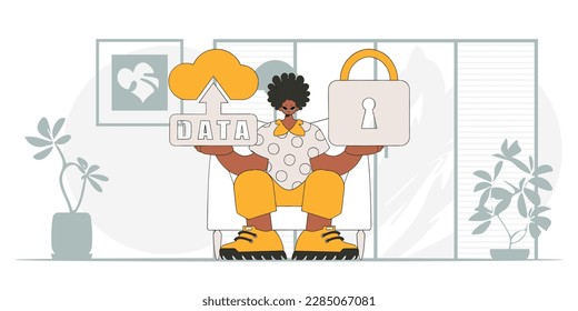 Man with cloud storage, padlock and modern vector style character.