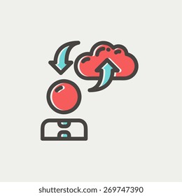 Man with cloud upload and download arrows icon thin line for web and mobile, modern minimalistic flat design. Vector icon with dark grey outline and offset colour on light grey background.