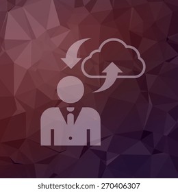 Hombre con icono de carga y descarga en la nube en estilo plano para web y móvil, moderno diseño plano minimalista. Icono blanco vectorial sobre fondo poligonal abstracto