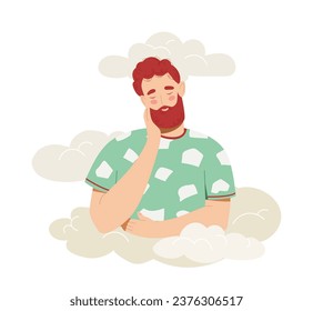 Man in clouds concept. Young guy dream at sky. CAlmness and imagination. Rest and relaxation, wellbeing. Graphic element for website. Cartoon flat vector illustration isolated on white background