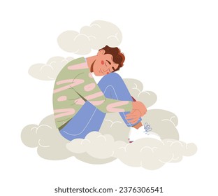 Man in clouds concept. Young guy dream at sky. Psychology and mental health, meditation. Sticker for social networks and messengers. Cartoon flat vector illustration isolated on white background