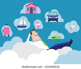 Man in clouds dreaming about retirement or vacation
