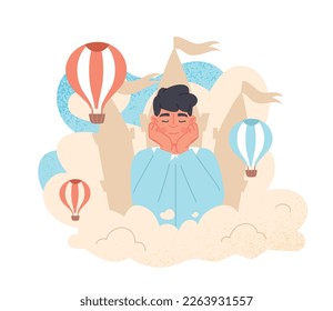 Man in clouds. Young guy dreaming, propping his head with his hand, next to balloons. Fictional castle, imagination and fantasy. Mental health and awareness. Cartoon flat vector illustration