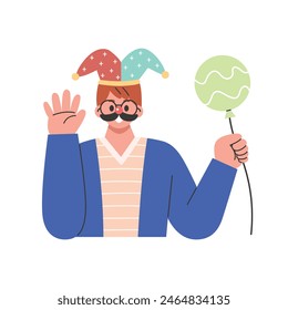 Man with clown accessories and holding balloon. Flat cartoon style vector illustration isolated on white background