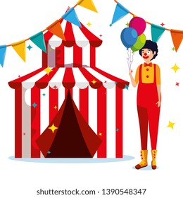 man clown costume and circus with party banner