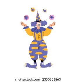 Man Clown in Flamboyant Costume Juggling Balls as Circus Artist Character Vector Illustration