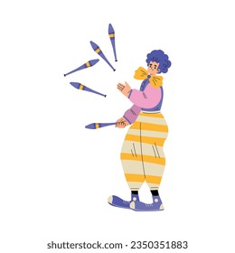 Man Clown in Flamboyant Costume Juggling Pins as Circus Artist Character Vector Illustration