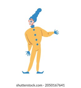 Man Clown with Makeup Face and Flamboyant Costume as Circus Artist Character Performing on Stage or Arena Vector Illustration